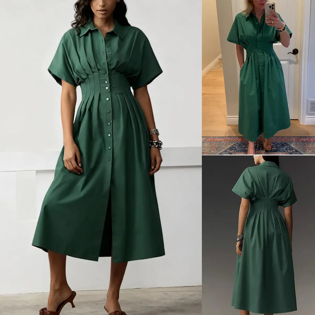Yeokou Women's Button-Down Shirt Dress - Short-Sleeve, Loose, Pleated Maxi Sundress with Pockets, Basic Casual Wear for Summer, Women's Clothes