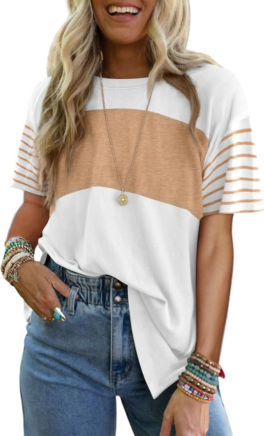 Crew neck patchwork casual striped color-blocked short-sleeved T-shirt