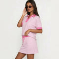 Striped two-piece casual set, short-sleeved V-neck polo shirt