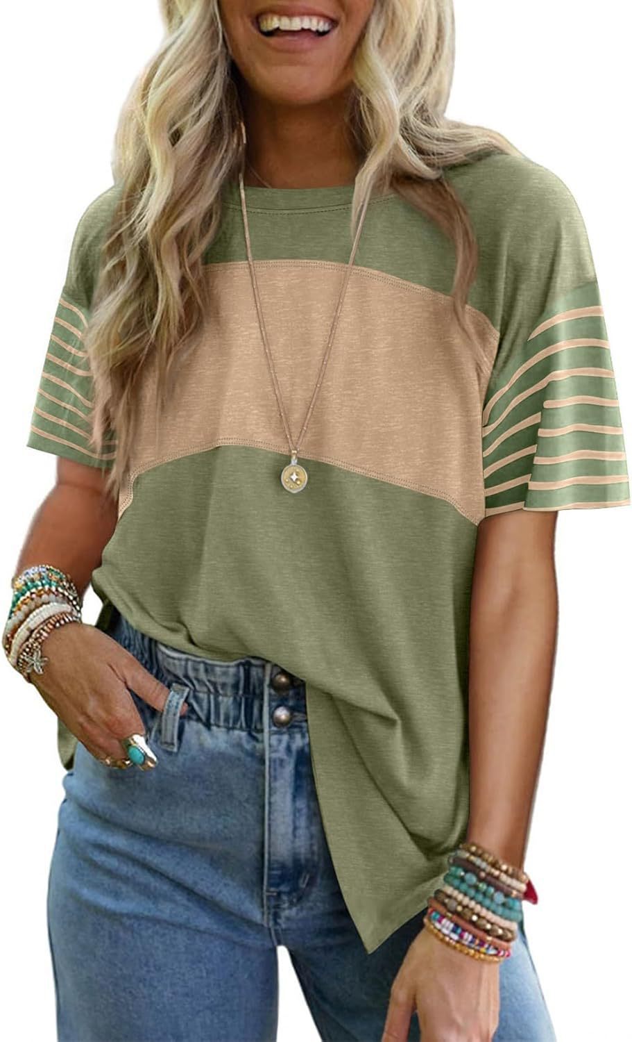 Crew neck patchwork casual striped color-blocked short-sleeved T-shirt