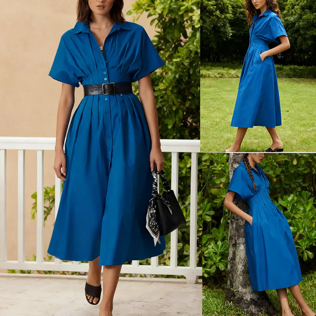 Yeokou Women's Button-Down Shirt Dress - Short-Sleeve, Loose, Pleated Maxi Sundress with Pockets, Basic Casual Wear for Summer, Women's Clothes