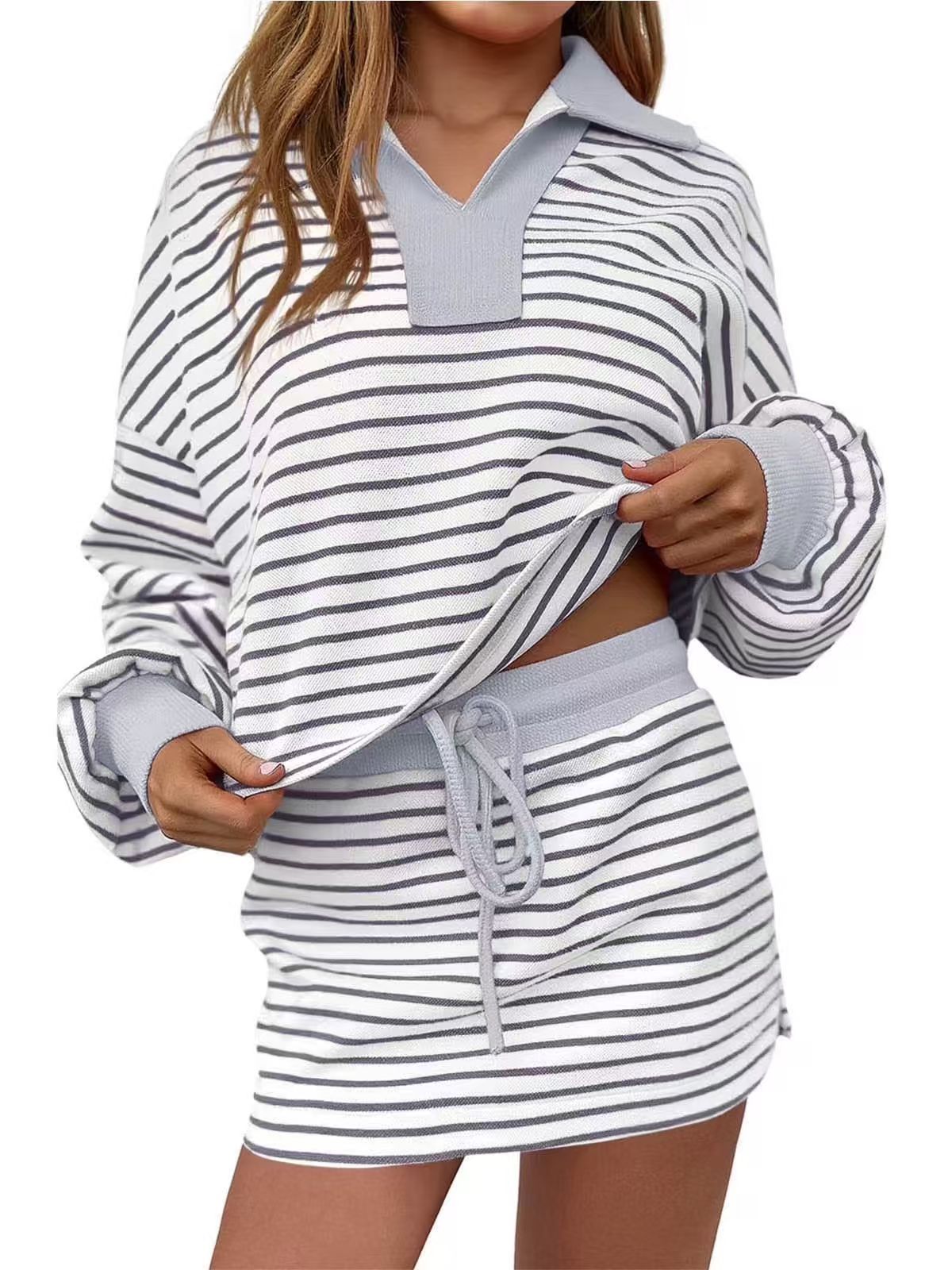 Striped two-piece casual set, short-sleeved V-neck polo shirt