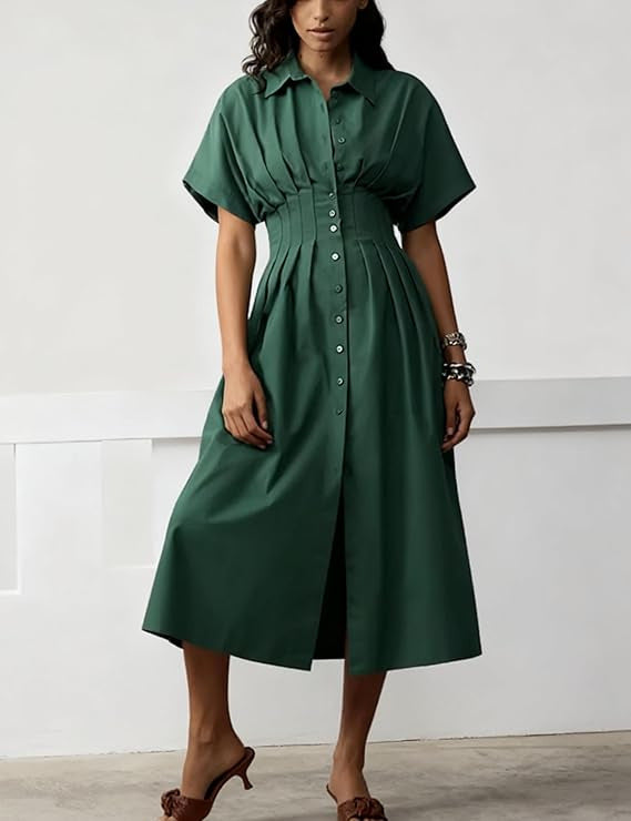 Yeokou Women's Button-Down Shirt Dress - Short-Sleeve, Loose, Pleated Maxi Sundress with Pockets, Basic Casual Wear for Summer, Women's Clothes