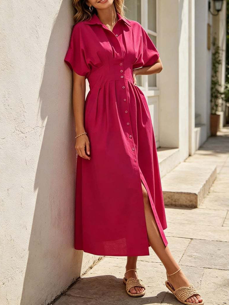 Yeokou Women's Button-Down Shirt Dress - Short-Sleeve, Loose, Pleated Maxi Sundress with Pockets, Basic Casual Wear for Summer, Women's Clothes