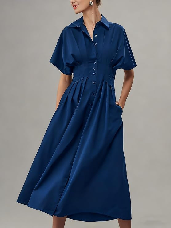 Yeokou Women's Button-Down Shirt Dress - Short-Sleeve, Loose, Pleated Maxi Sundress with Pockets, Basic Casual Wear for Summer, Women's Clothes