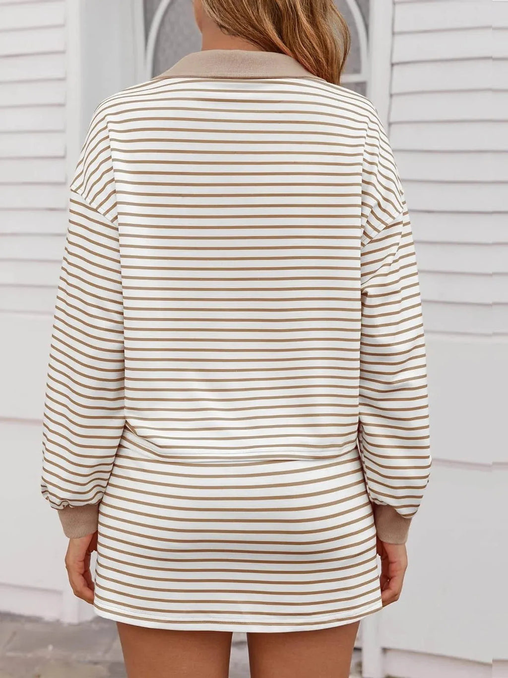 Striped two-piece casual set, short-sleeved V-neck polo shirt
