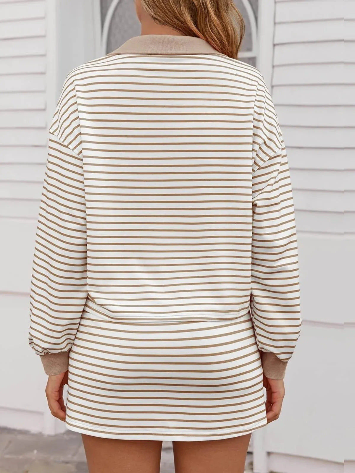 Striped two-piece casual set, short-sleeved V-neck polo shirt