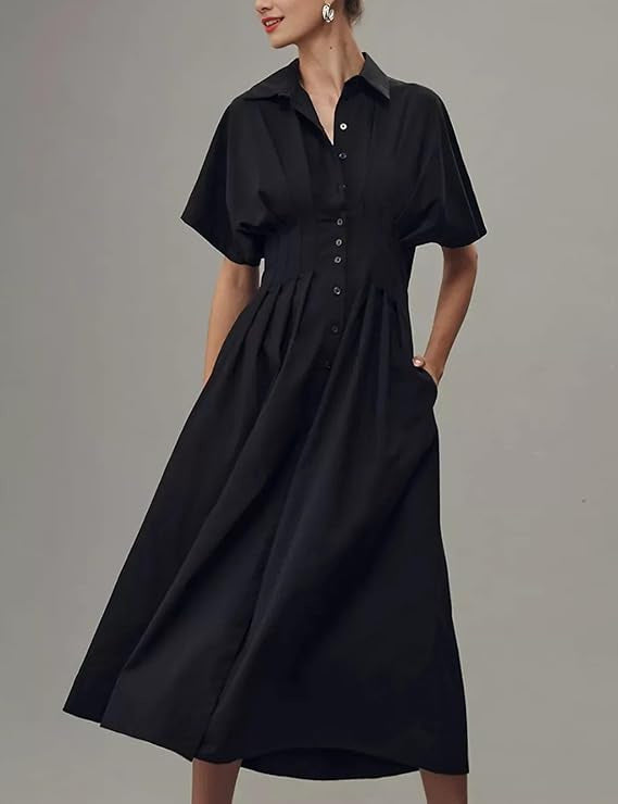 Yeokou Women's Button-Down Shirt Dress - Short-Sleeve, Loose, Pleated Maxi Sundress with Pockets, Basic Casual Wear for Summer, Women's Clothes