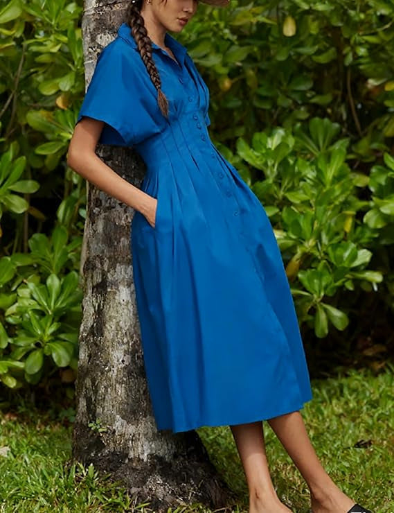 Yeokou Women's Button-Down Shirt Dress - Short-Sleeve, Loose, Pleated Maxi Sundress with Pockets, Basic Casual Wear for Summer, Women's Clothes