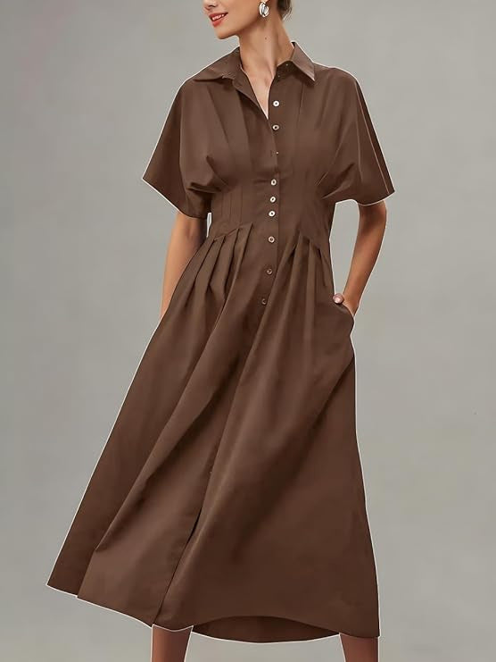 Yeokou Women's Button-Down Shirt Dress - Short-Sleeve, Loose, Pleated Maxi Sundress with Pockets, Basic Casual Wear for Summer, Women's Clothes