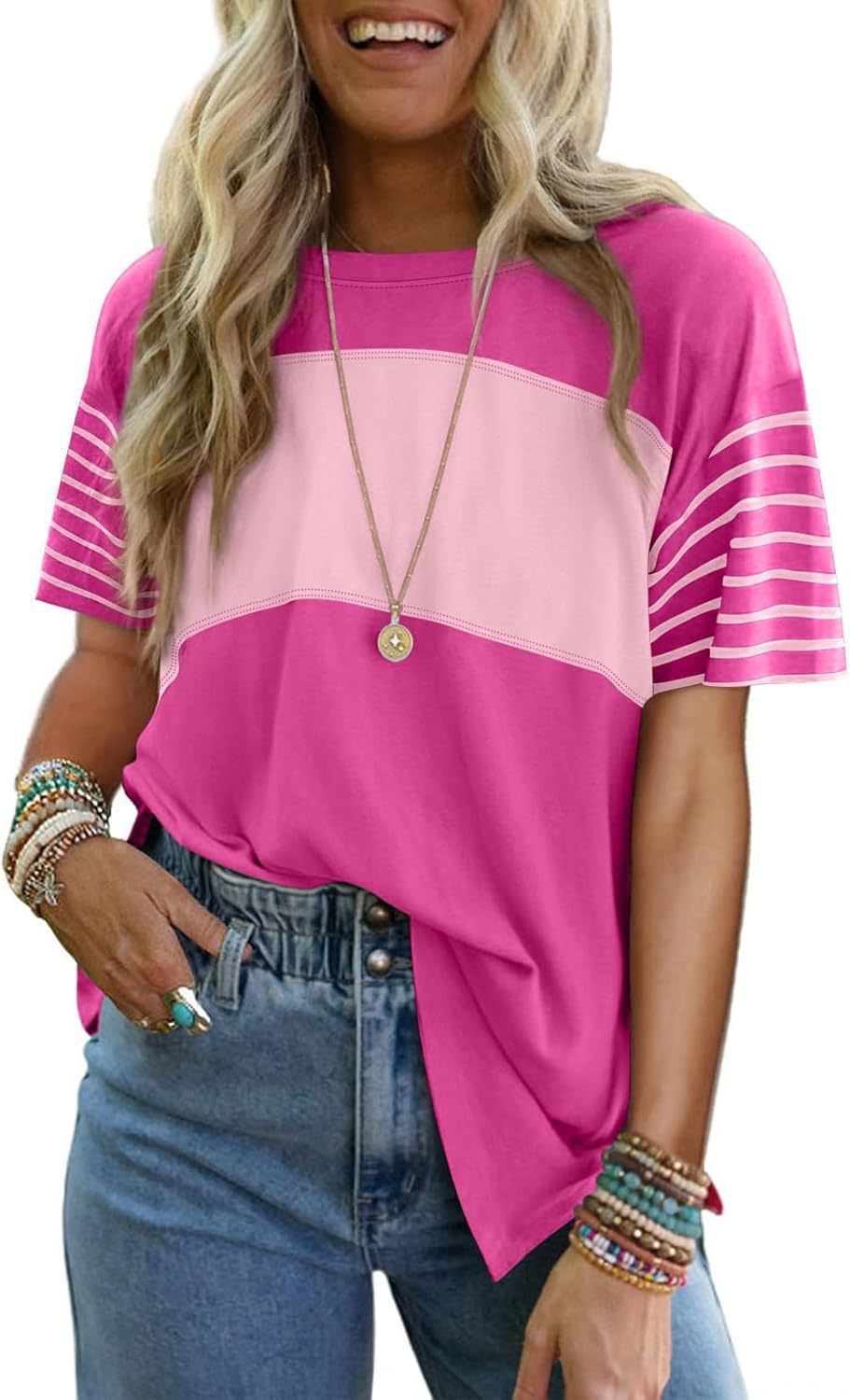 Crew neck patchwork casual striped color-blocked short-sleeved T-shirt