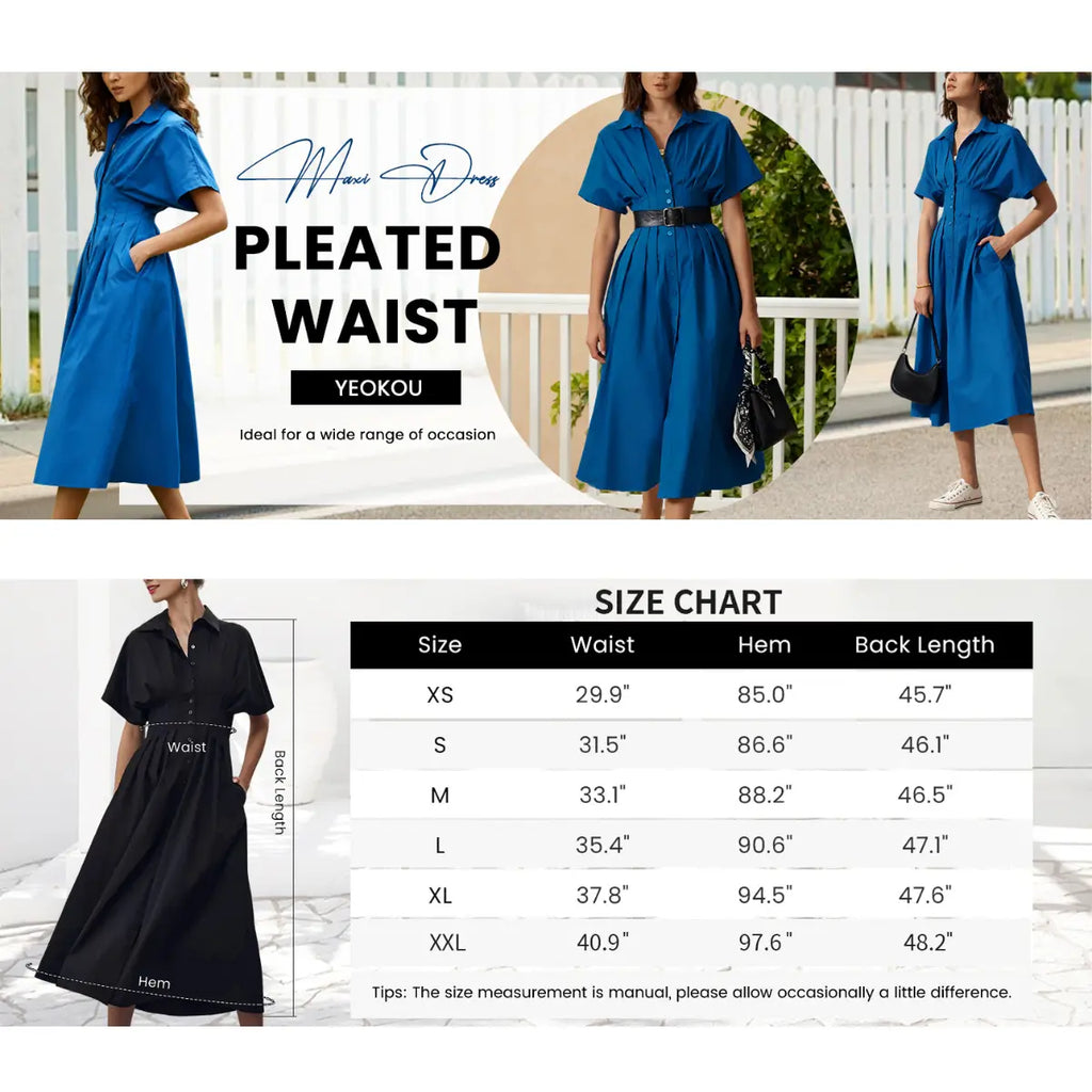 Yeokou Women's Button-Down Shirt Dress - Short-Sleeve, Loose, Pleated Maxi Sundress with Pockets, Basic Casual Wear for Summer, Women's Clothes