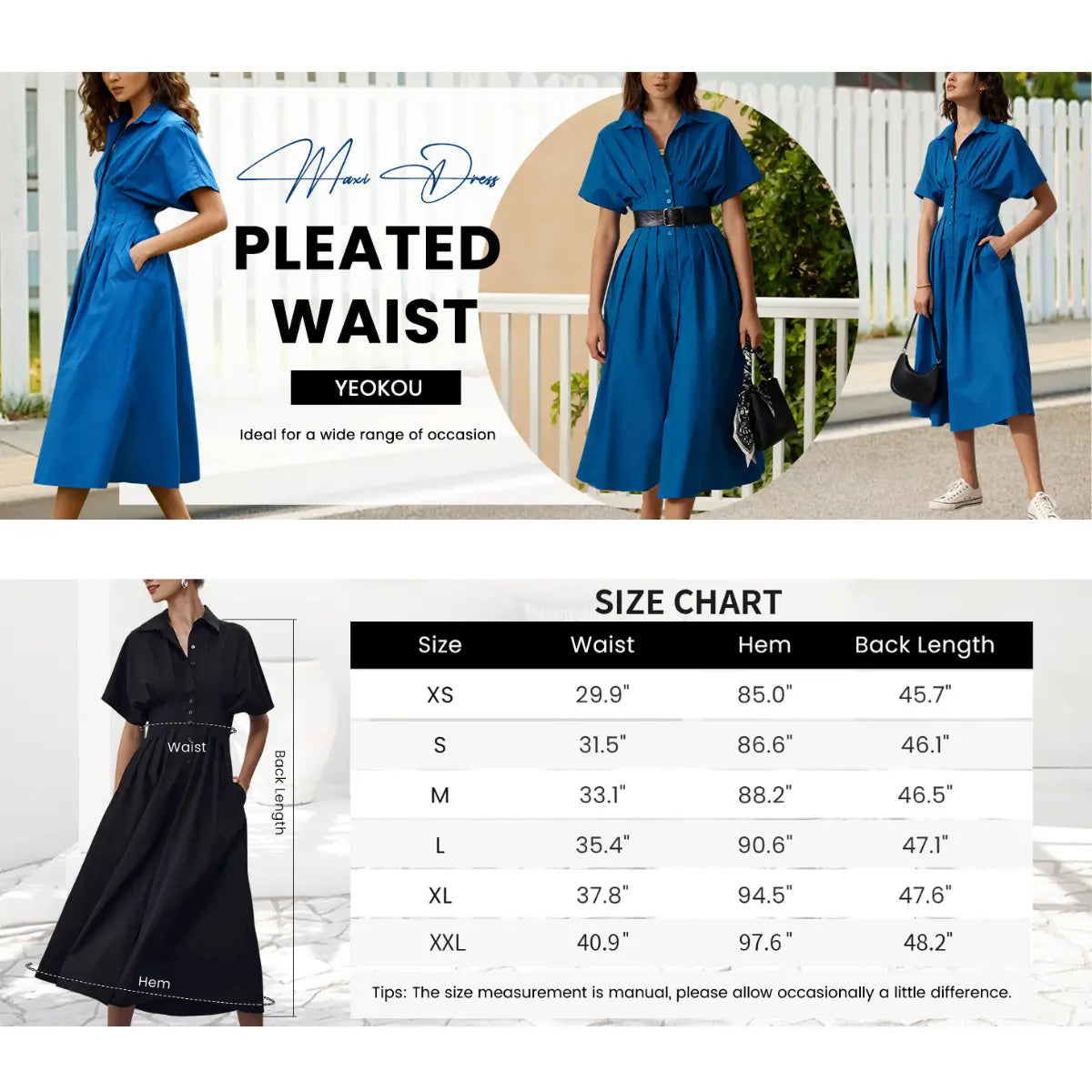 Yeokou Women's Button-Down Shirt Dress - Short-Sleeve, Loose, Pleated Maxi Sundress with Pockets, Basic Casual Wear for Summer, Women's Clothes