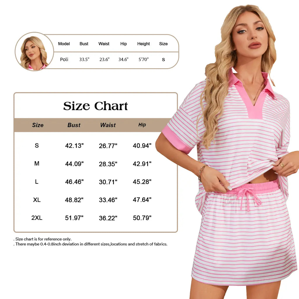 Striped two-piece casual set, short-sleeved V-neck polo shirt