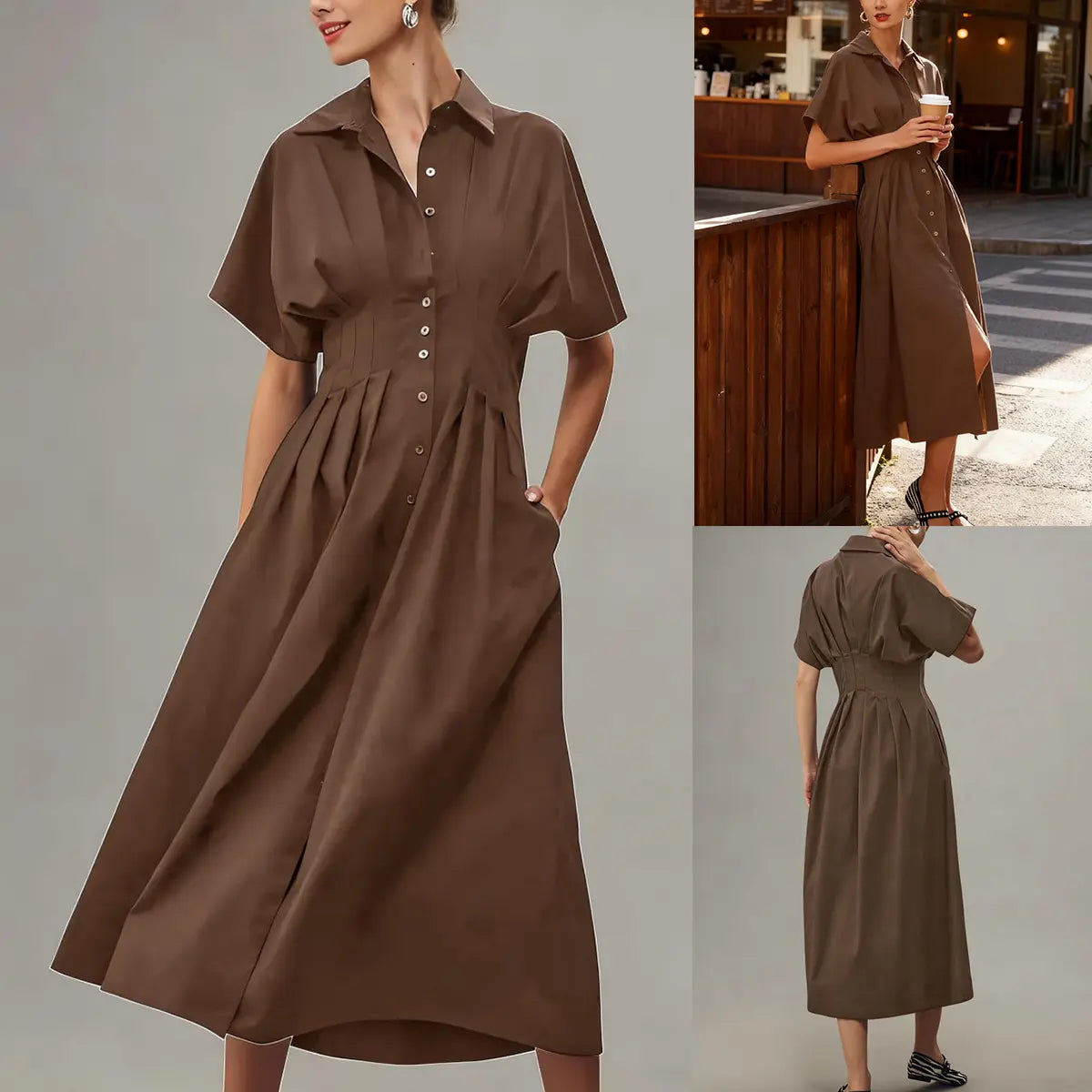 Yeokou Women's Button-Down Shirt Dress - Short-Sleeve, Loose, Pleated Maxi Sundress with Pockets, Basic Casual Wear for Summer, Women's Clothes