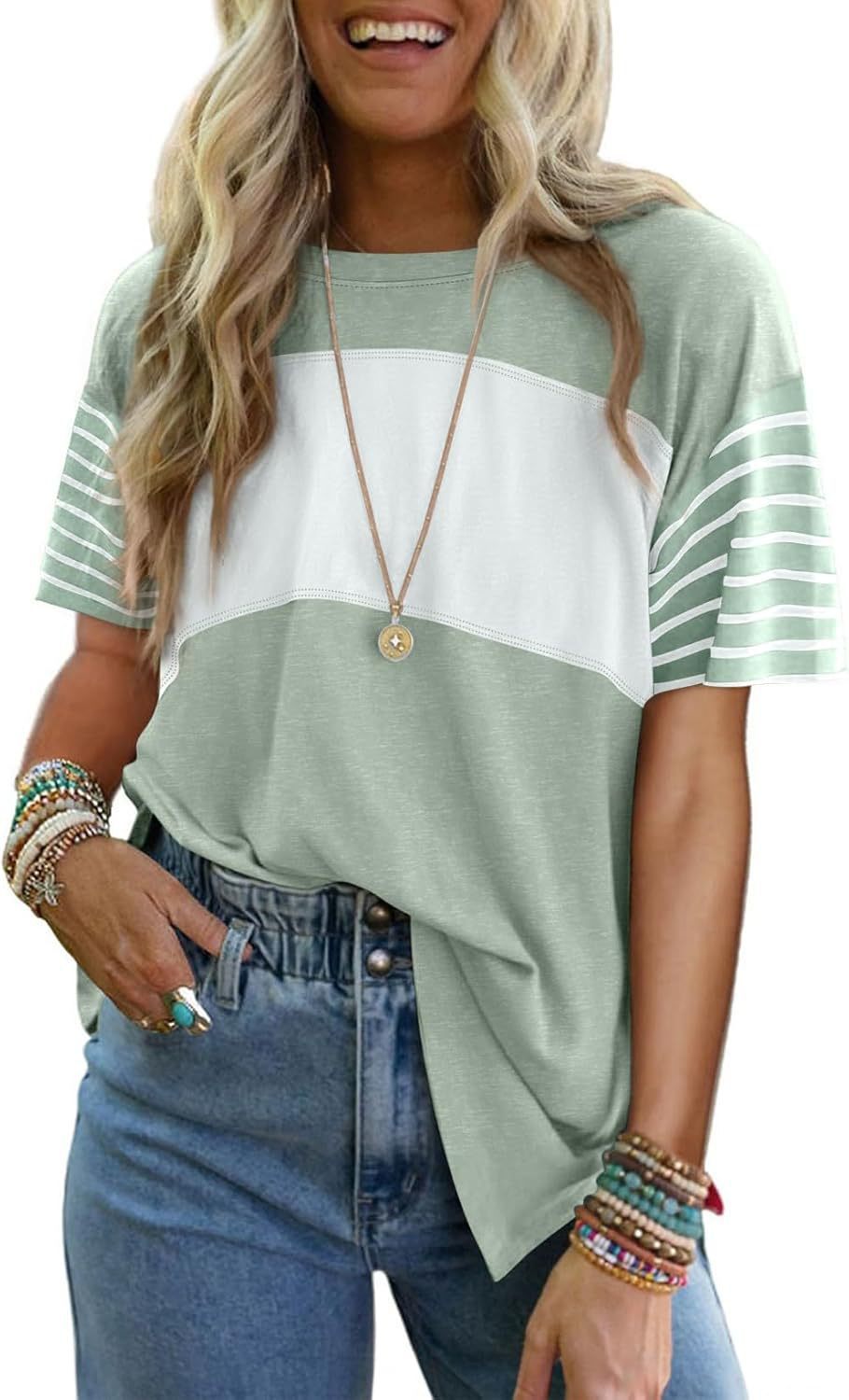 Crew neck patchwork casual striped color-blocked short-sleeved T-shirt