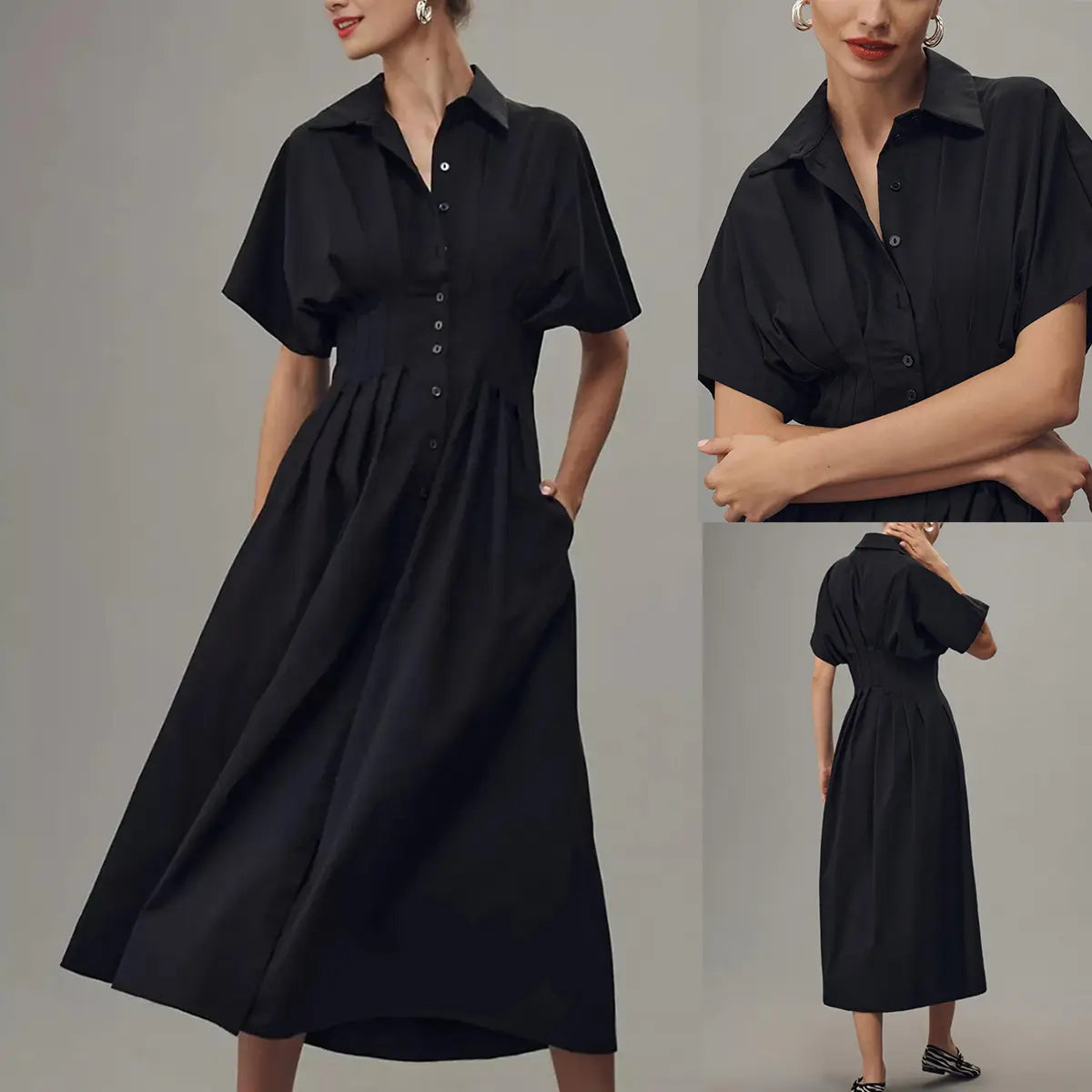 Yeokou Women's Button-Down Shirt Dress - Short-Sleeve, Loose, Pleated Maxi Sundress with Pockets, Basic Casual Wear for Summer, Women's Clothes