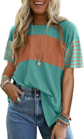 Crew neck patchwork casual striped color-blocked short-sleeved T-shirt