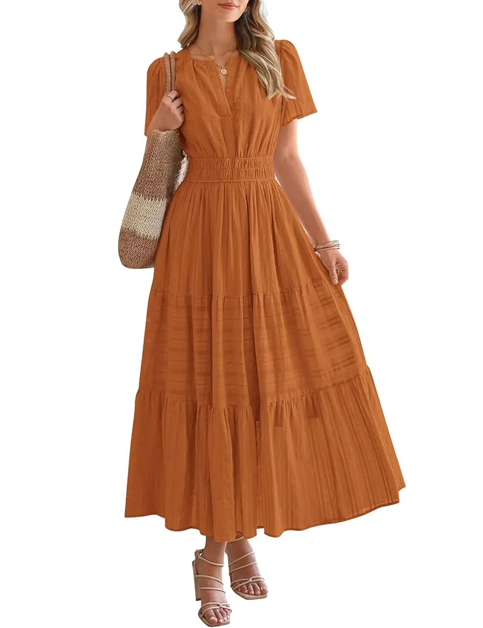 BTFBM Women's Summer 2026 Casual Maxi Dress Lightweight Short Sleeve V Neck Boho Dress with Pockets #Outdoorfun