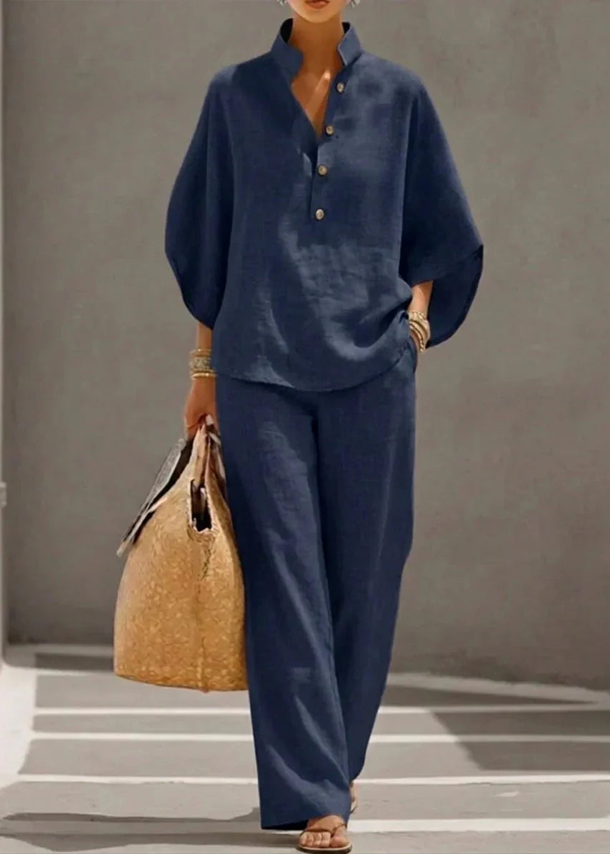 Maribel | Conjunto de lino con mangas murciélago y pantalón ancho